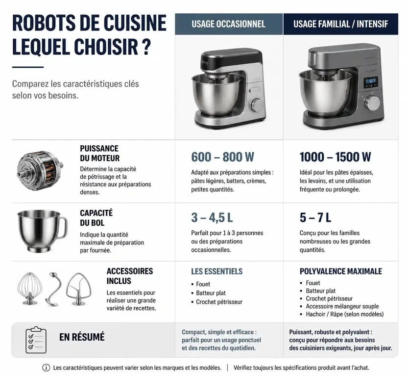 Infographie comparative des critères techniques pour choisir le meilleur robot de cuisine selon l'usage