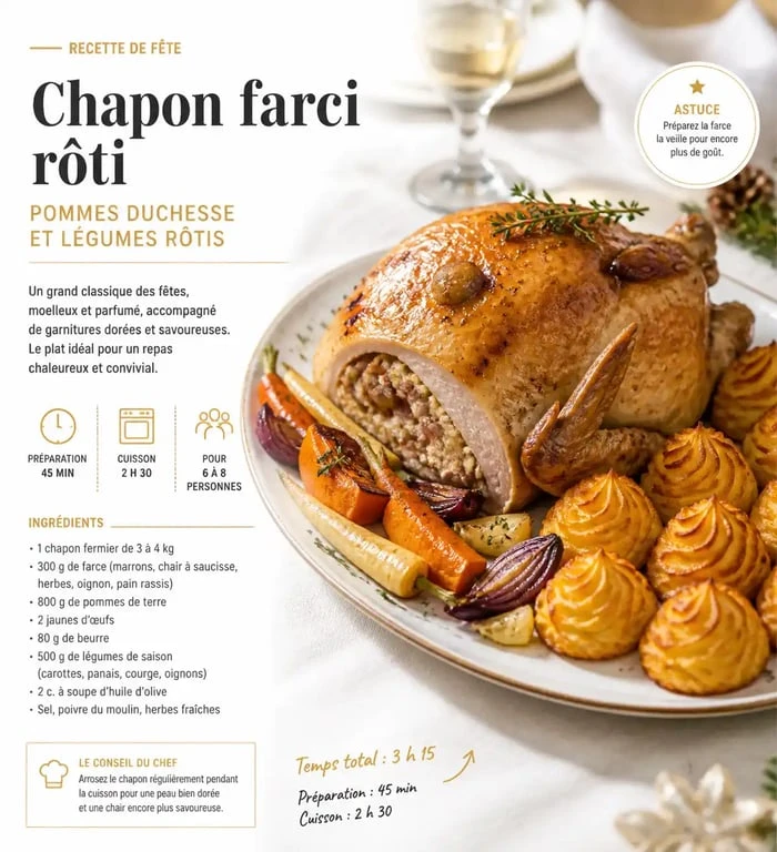 Accompagnement pour chapon farci : assiette festive avec volaille rôtie et garnitures de saison