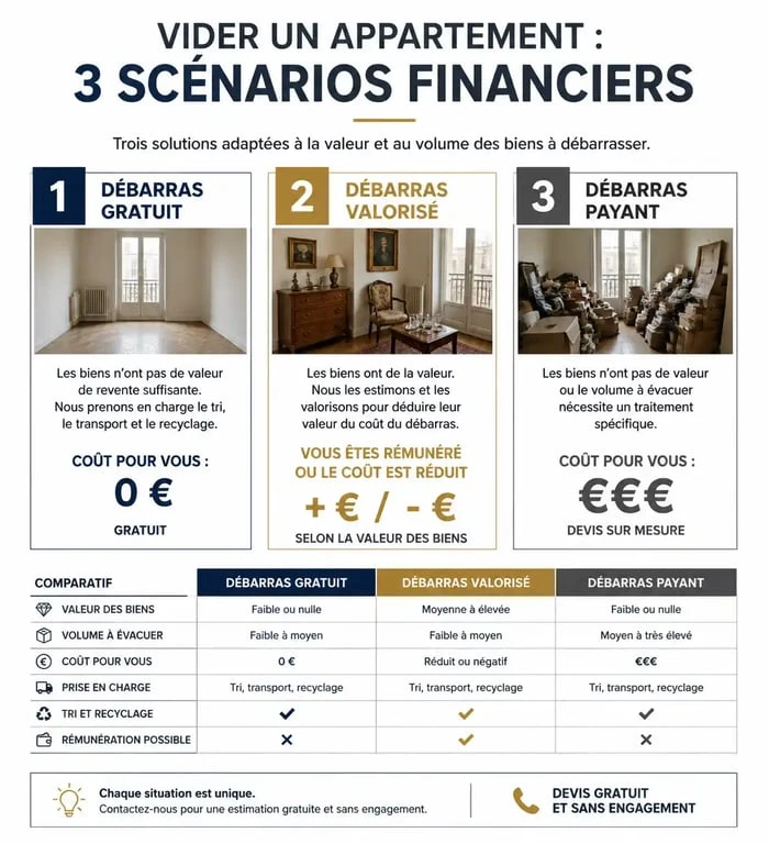 Infographie des trois scénarios financiers pour vider un appartement : gratuit, valorisé ou payant