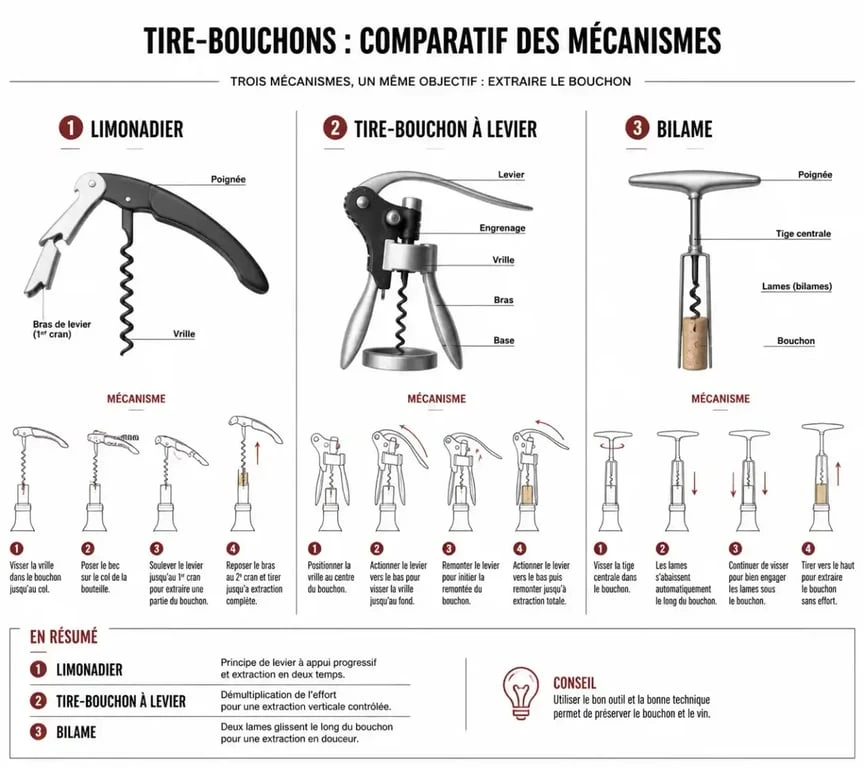 Schéma comparatif des différents types de tire-bouchons : limonadier, levier et bilame