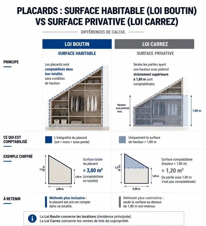 Infographie comparative des règles de calcul de la surface habitable et surface Carrez pour les placards