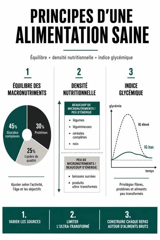 Infographie sur les principes de la nourriture healthy et l'équilibre nutritionnel