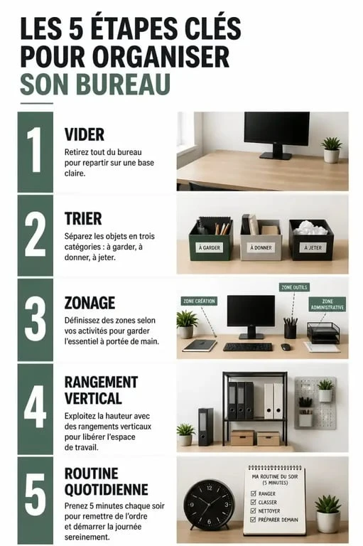 Infographie des étapes pour organiser un bureau efficacement