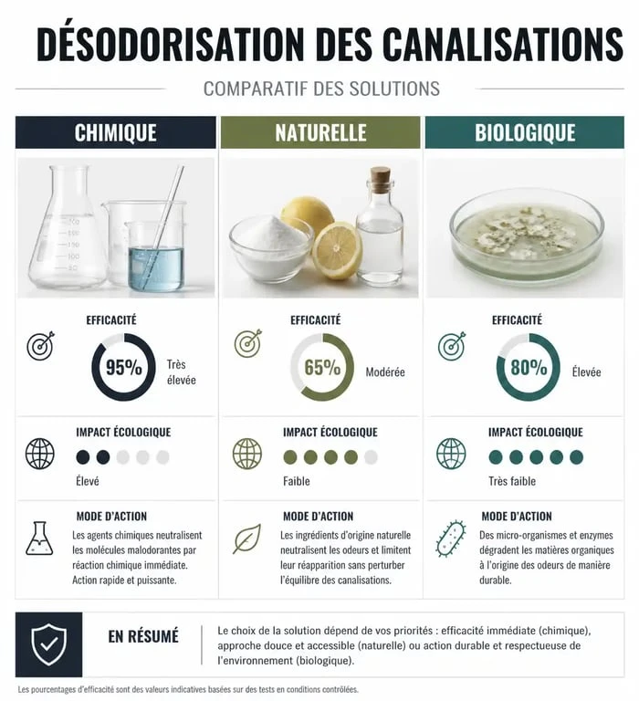 Infographie comparative des solutions de désodorisant canalisation : chimique, naturelle et biologique
