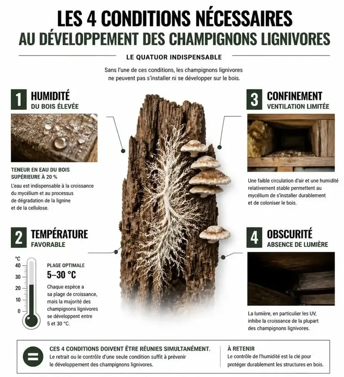 Infographie sur les conditions de développement des champignons lignivores sur le bois