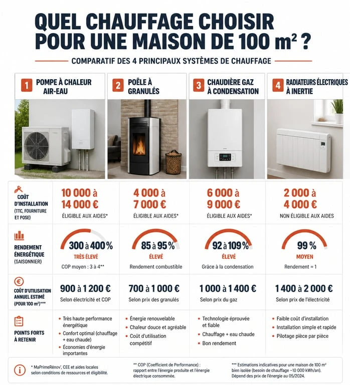 Comparatif des systèmes de chauffage pour une maison de 100m2 : coûts et rendements