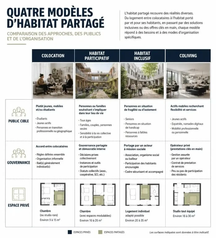 Infographie comparative des différents types d'habitat partagé : colocation, habitat participatif, inclusif et coliving