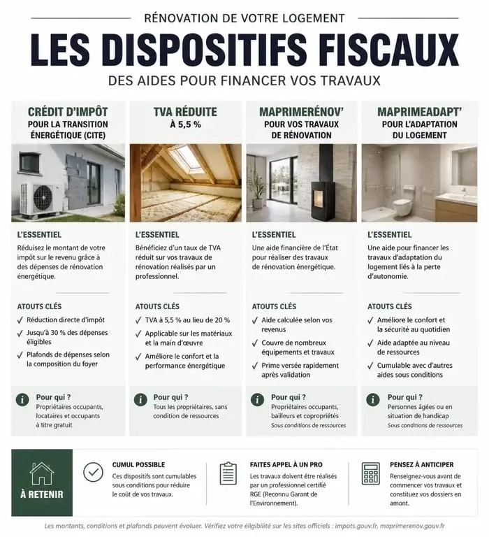 Infographie récapitulative des aides et dispositifs fiscaux pour les travaux maison impots