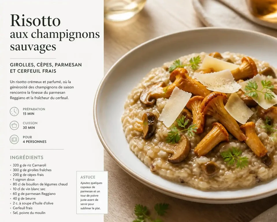 Risotto aux champignons sauvages signature de La Cuisine de Fabrice, plat gastronomique dressé avec élégance.