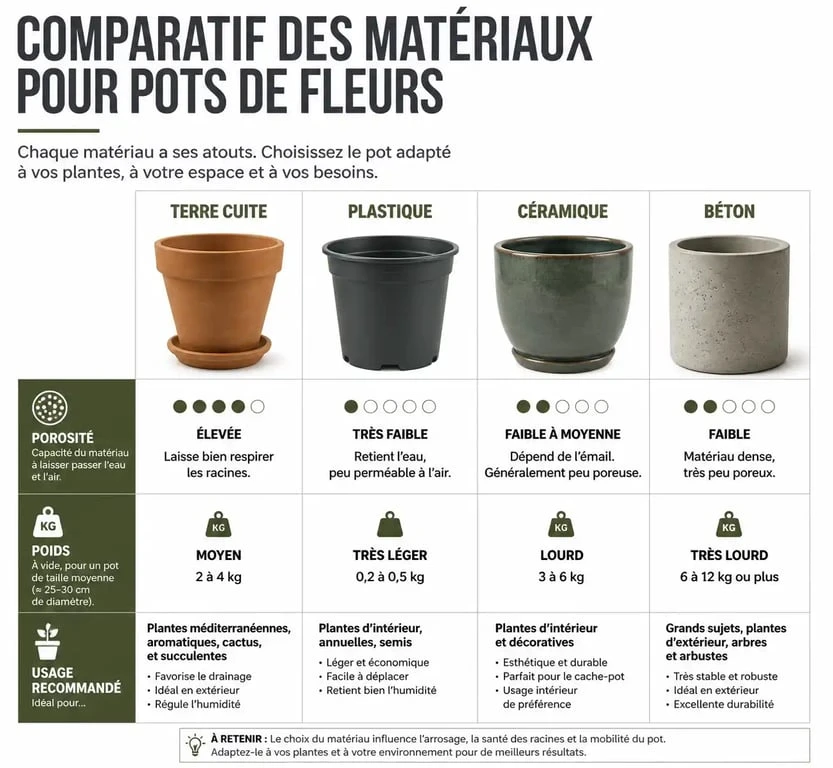 Infographie comparative des matériaux pour pots de fleurs : terre cuite, plastique, céramique et béton.