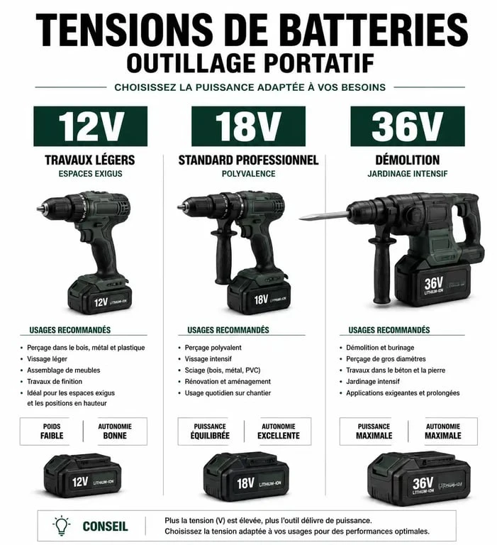 Infographie comparative des tensions de batteries pour outillage portatif 12V, 18V et 36V