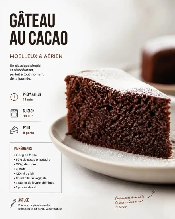 Gâteau au cacao moelleux et aérien, recette facile