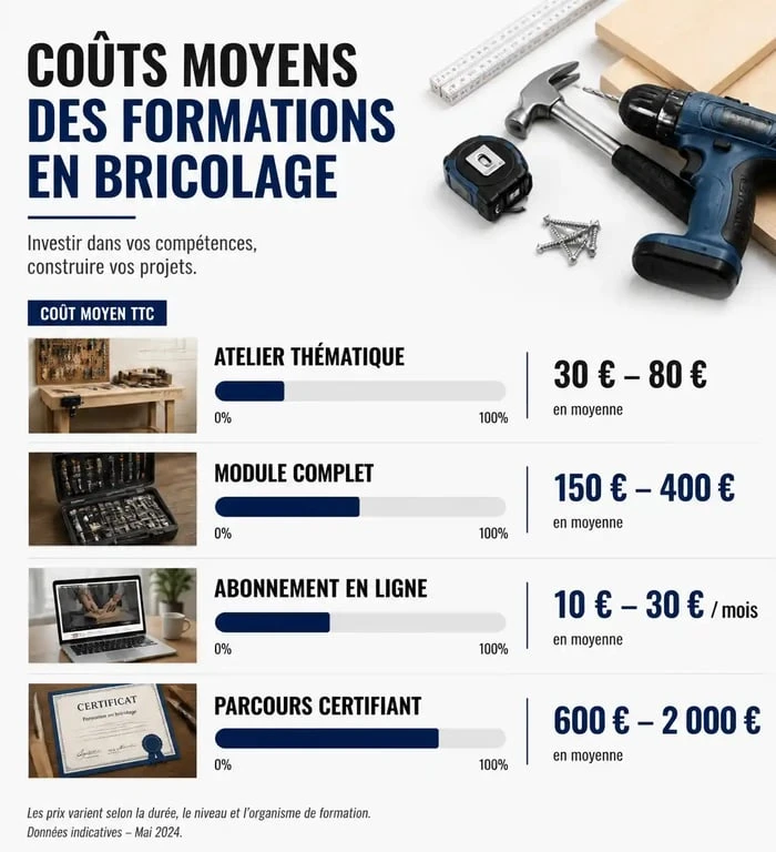 Tableau comparatif des prix et durées des formations en bricolage et travaux pour particuliers