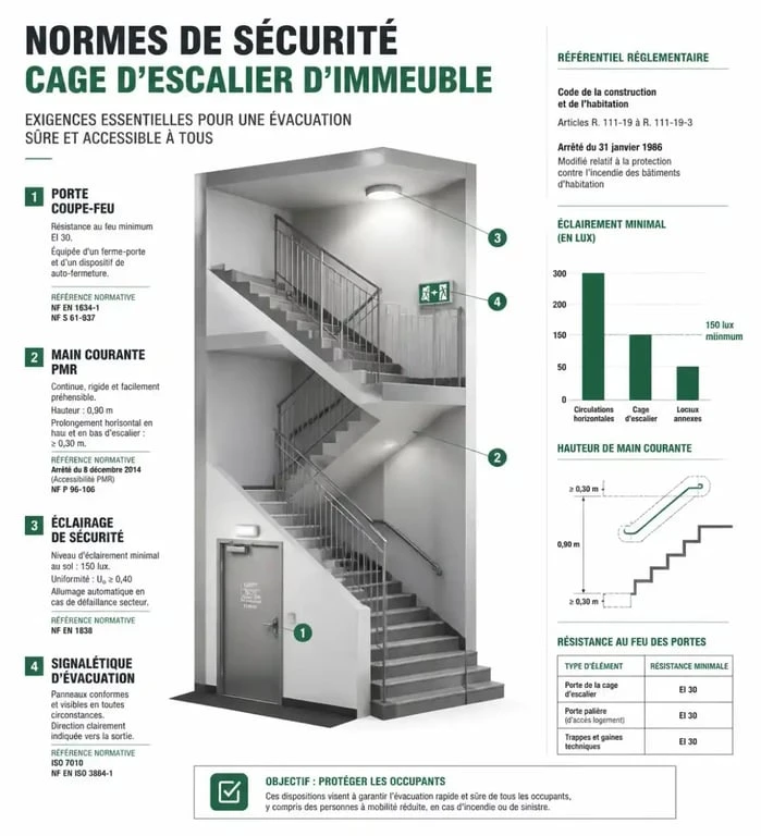 Schéma des normes de sécurité pour une cage d'escalier d'immeuble