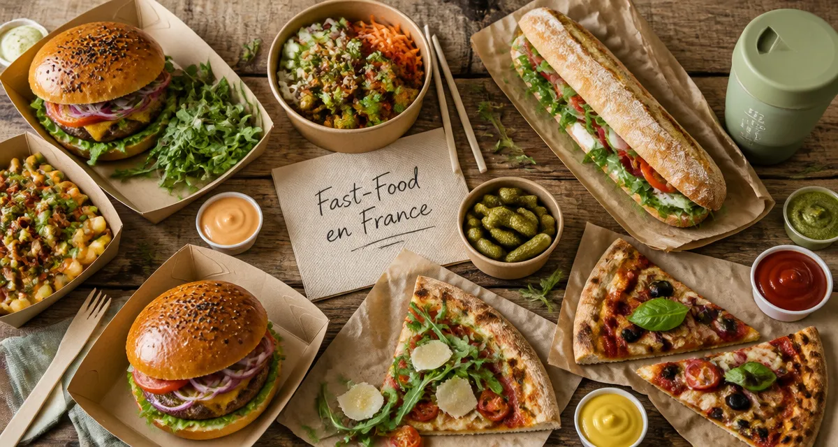 Table de fast food connus en France avec burgers et pizzas