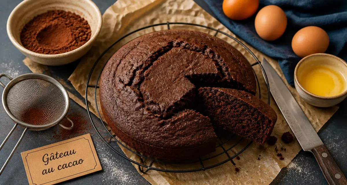 Gateau cacao moelleux inratable, tranche humide et cacao en poudre