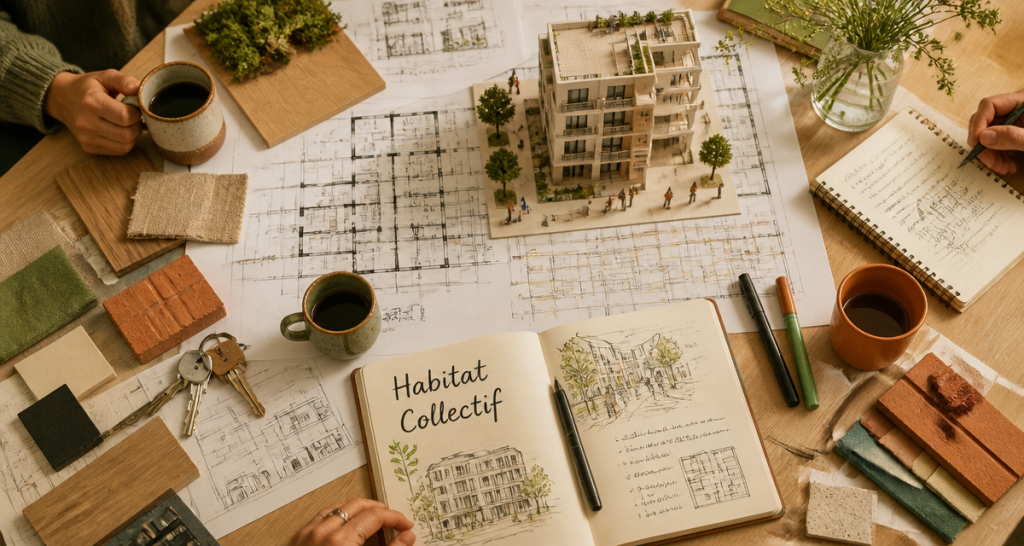 Vue flat-lay habitat collectif plans maquette