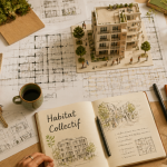 Vue flat-lay habitat collectif plans maquette