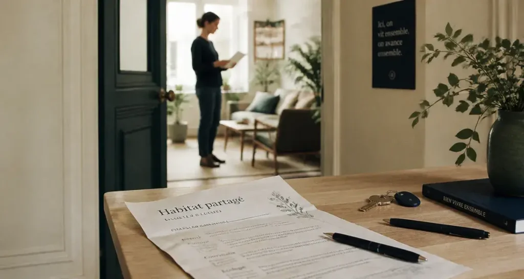 Habitat partagé : entrée d’immeuble lumineux, table et porte vers salon mutualisé