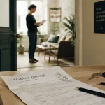 Habitat partagé : entrée d’immeuble lumineux, table et porte vers salon mutualisé