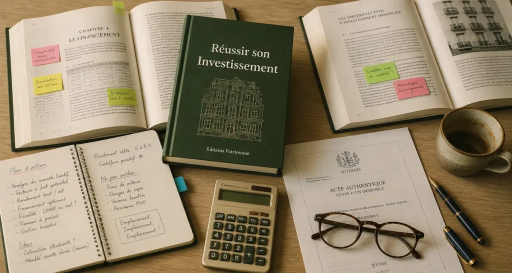 immobilier livre sur bureau avec calculatrice et café