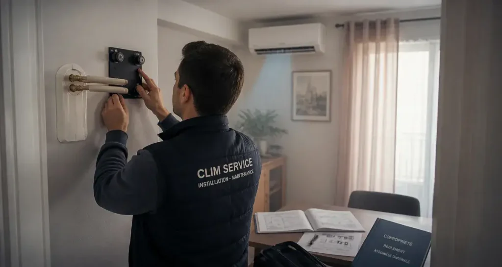 Installation climatisation appartement : technicien pose silentblocs sur mur pour unité intérieure
