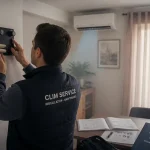 Installation climatisation appartement : technicien pose silentblocs sur mur pour unité intérieure