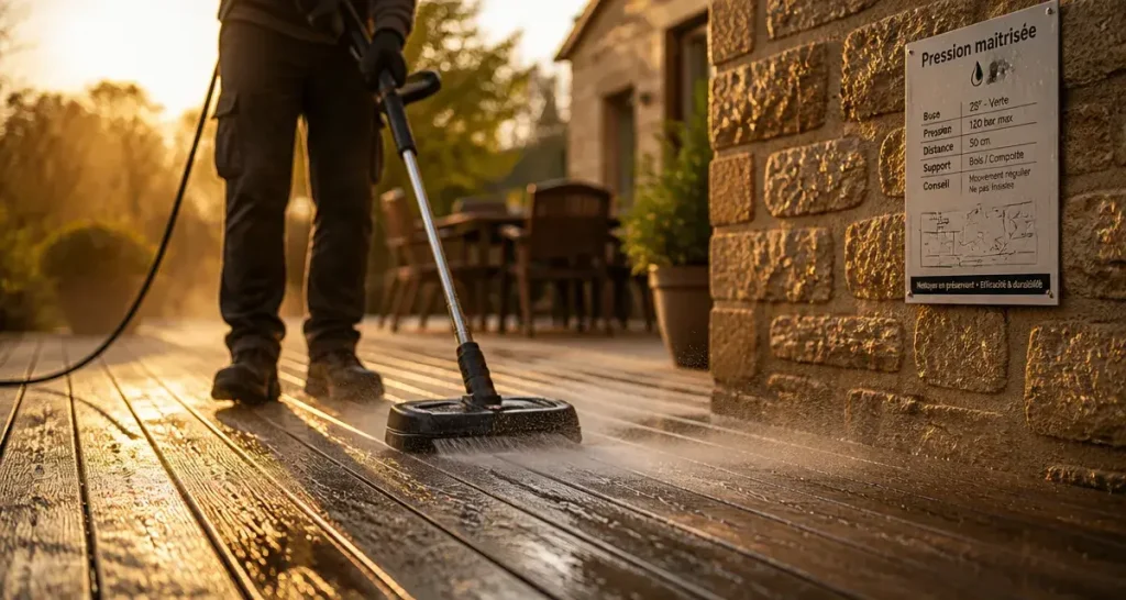 Karcher pour nettoyer une terrasse : brosse-rouleau sur bois encrassé