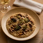 La cuisine de Fabrice : risotto aux champignons de saison, photo en table.