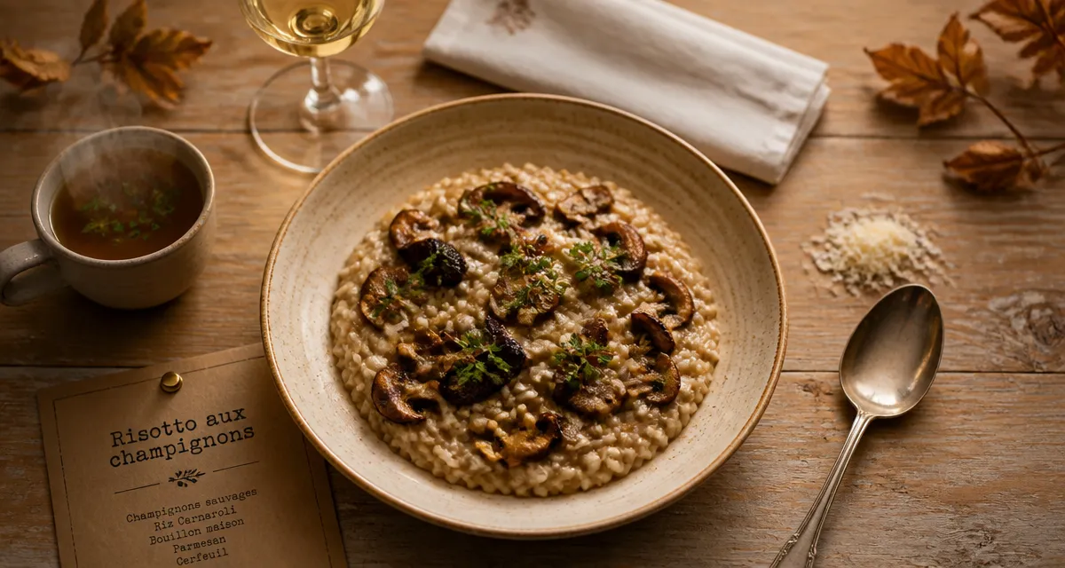 La cuisine de Fabrice : risotto aux champignons de saison, photo en table.