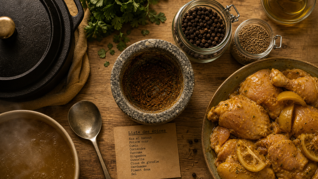 Liste des épices blog-libre.net : mortier, Ras el hanout, cumin, bocaux