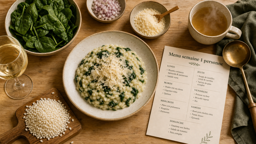 Menu semaine 1 personne : repas 7 jours sans gaspillage, risotto épinards et ingrédients