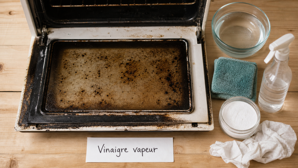 Nettoyer four vinaigre blanc : vapeur à 100°C, bol vinaigre et éponge microfibre