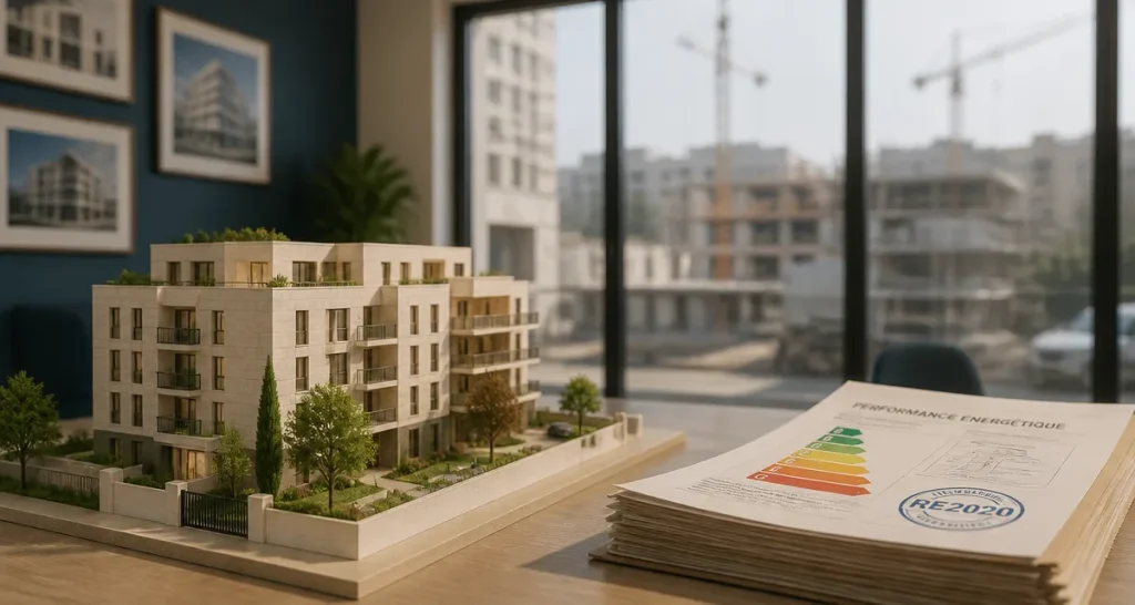 Nouveau constructeur : maquette de logements neufs et dossier RE2020 en salle de vente