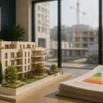 Nouveau constructeur : maquette de logements neufs et dossier RE2020 en salle de vente