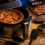 Pizza surgelée airfryer dorée, bords croustillants, fromage qui bouillonne