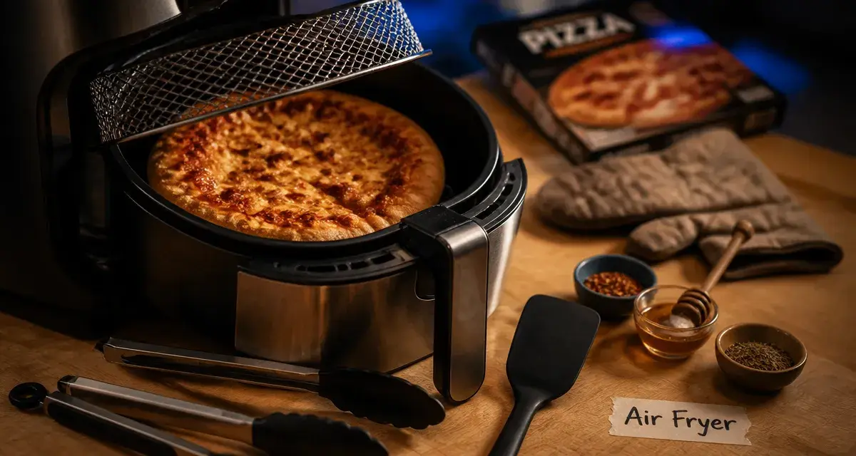 Pizza surgelée airfryer dorée, bords croustillants, fromage qui bouillonne