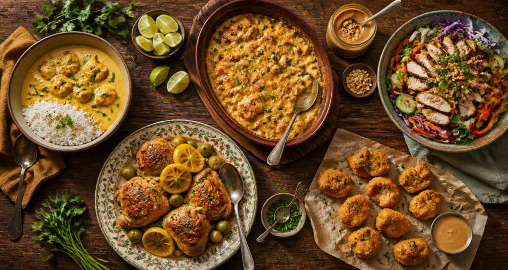 plat a base de poulet sur table rustique