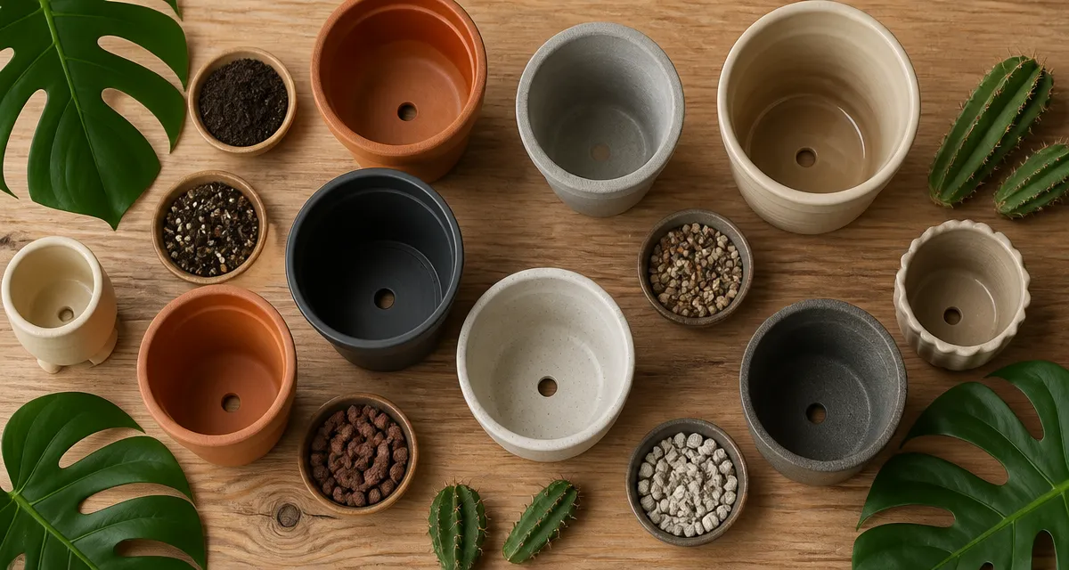 pots de fleurs en différents matériaux sur table