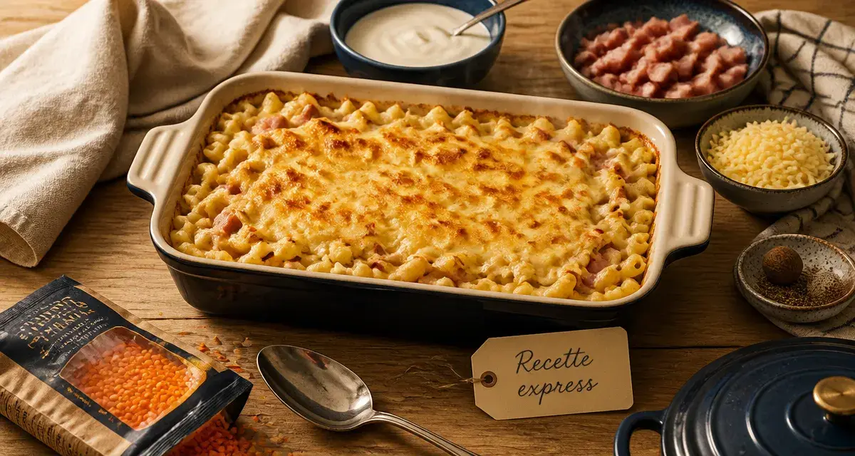 Recette facile pas cher : gratin coquillettes jambon fumant