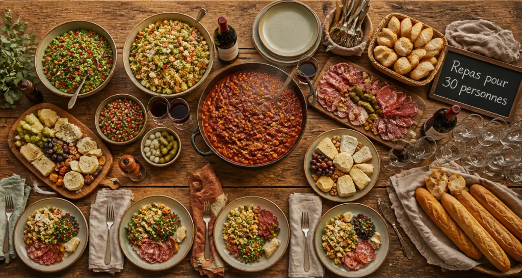 Repas pour 30 personnes plats variés sur grande table