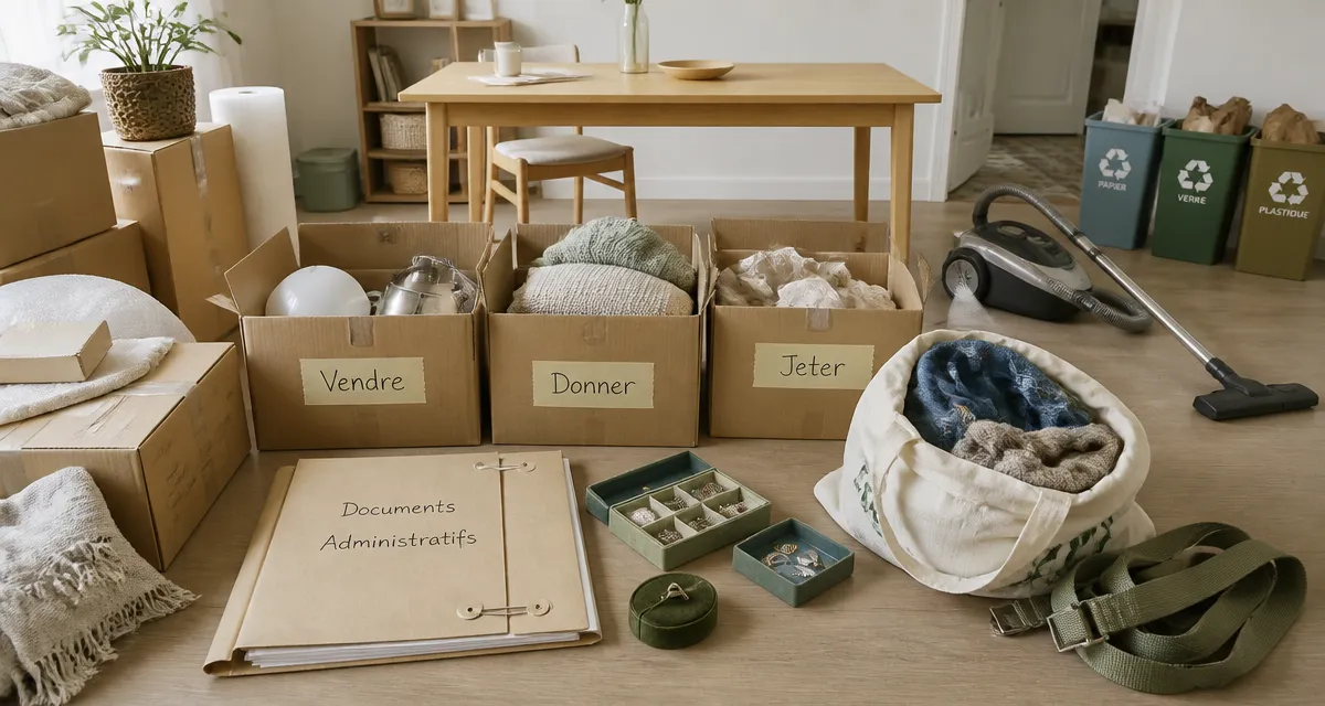Vide appartement : cartons de tri Vendre, Donner, Jeter