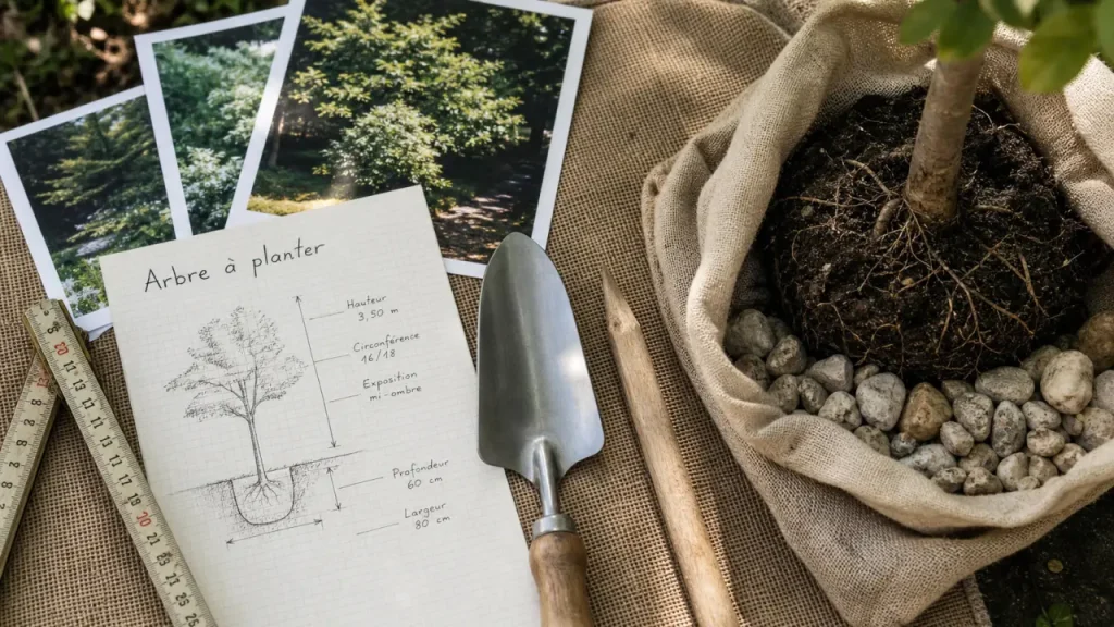 arbre a planter : fiche, mètre ruban et motte de terre pour choisir l’ombre, l’espace, la taille adulte