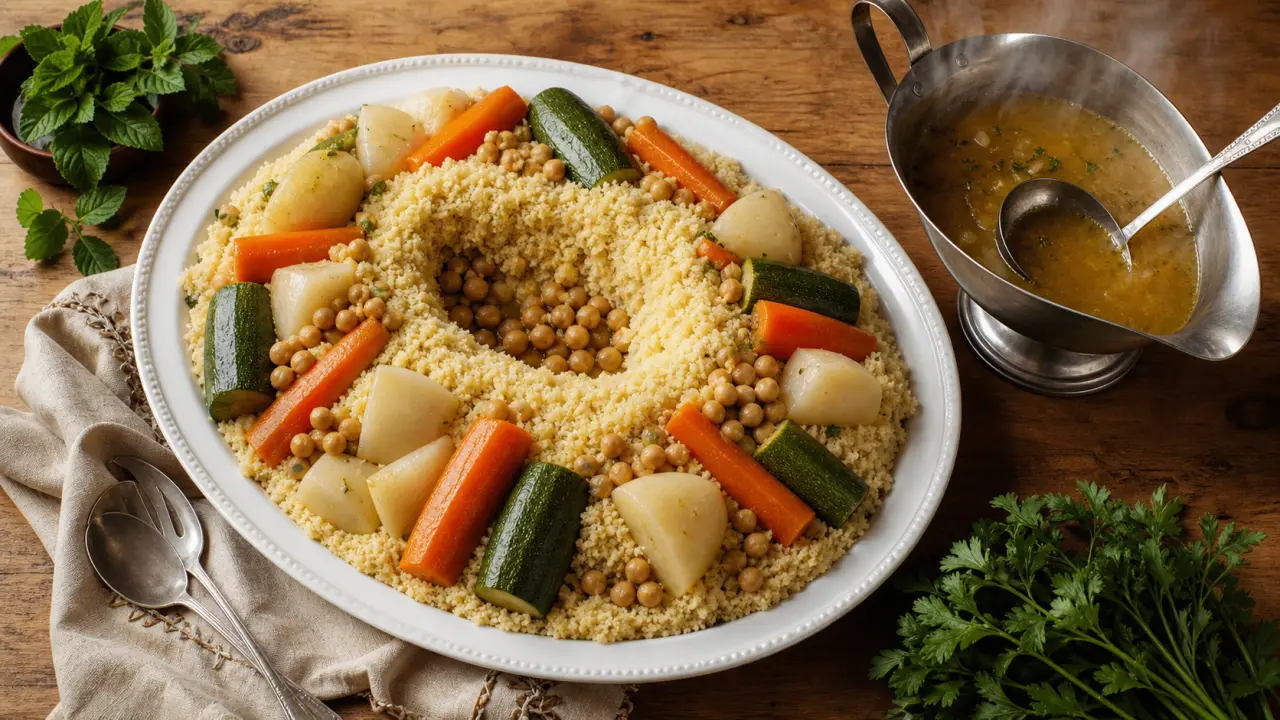 Couscous legumes recette : bouillon, légumes vapeur et semoule