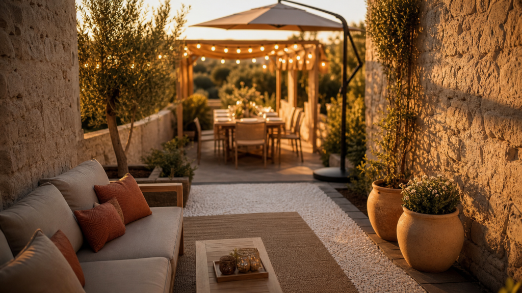 Déco jardin extérieur : lumière golden hour, bordures et rangements sur terrasse