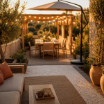 Déco jardin extérieur : lumière golden hour, bordures et rangements sur terrasse