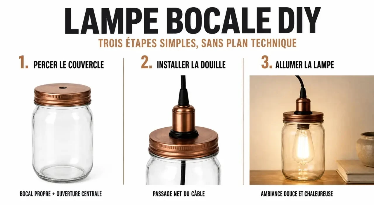 Diy lampe en bocal en verre, montage étape par étape et résultat final sur table