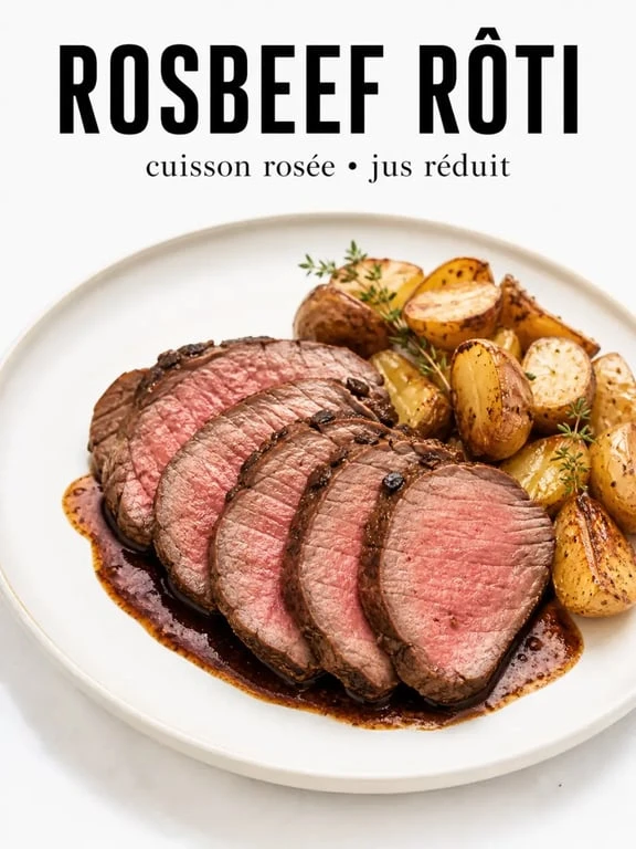 Rosbeef cuisson réussie, rosée et juteuse, servi tranché sur un plat