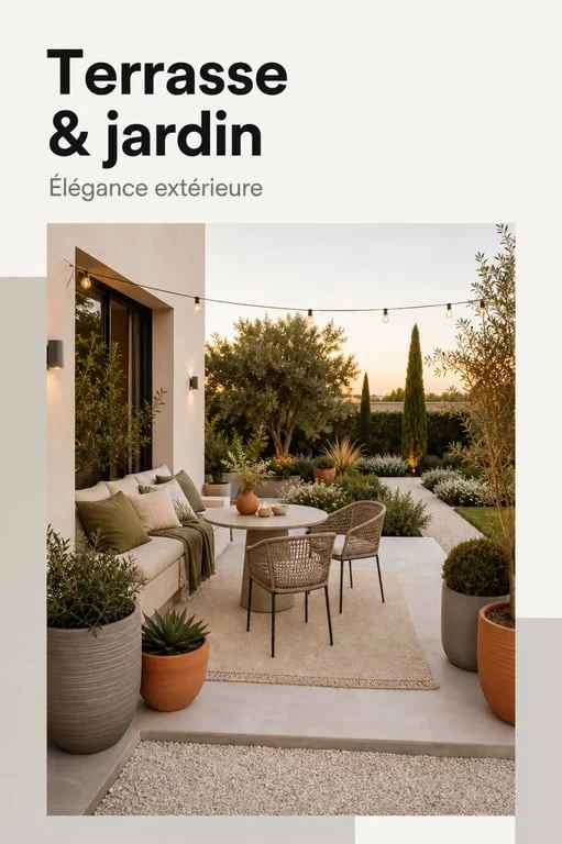 Inspiration déco jardin extérieur avec terrasse, pots, guirlandes lumineuses et bordures minérales