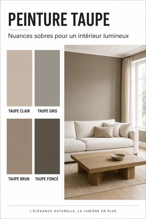 Peinture taupe : nuancier de quatre nuances et mise en situation dans un salon lumineux